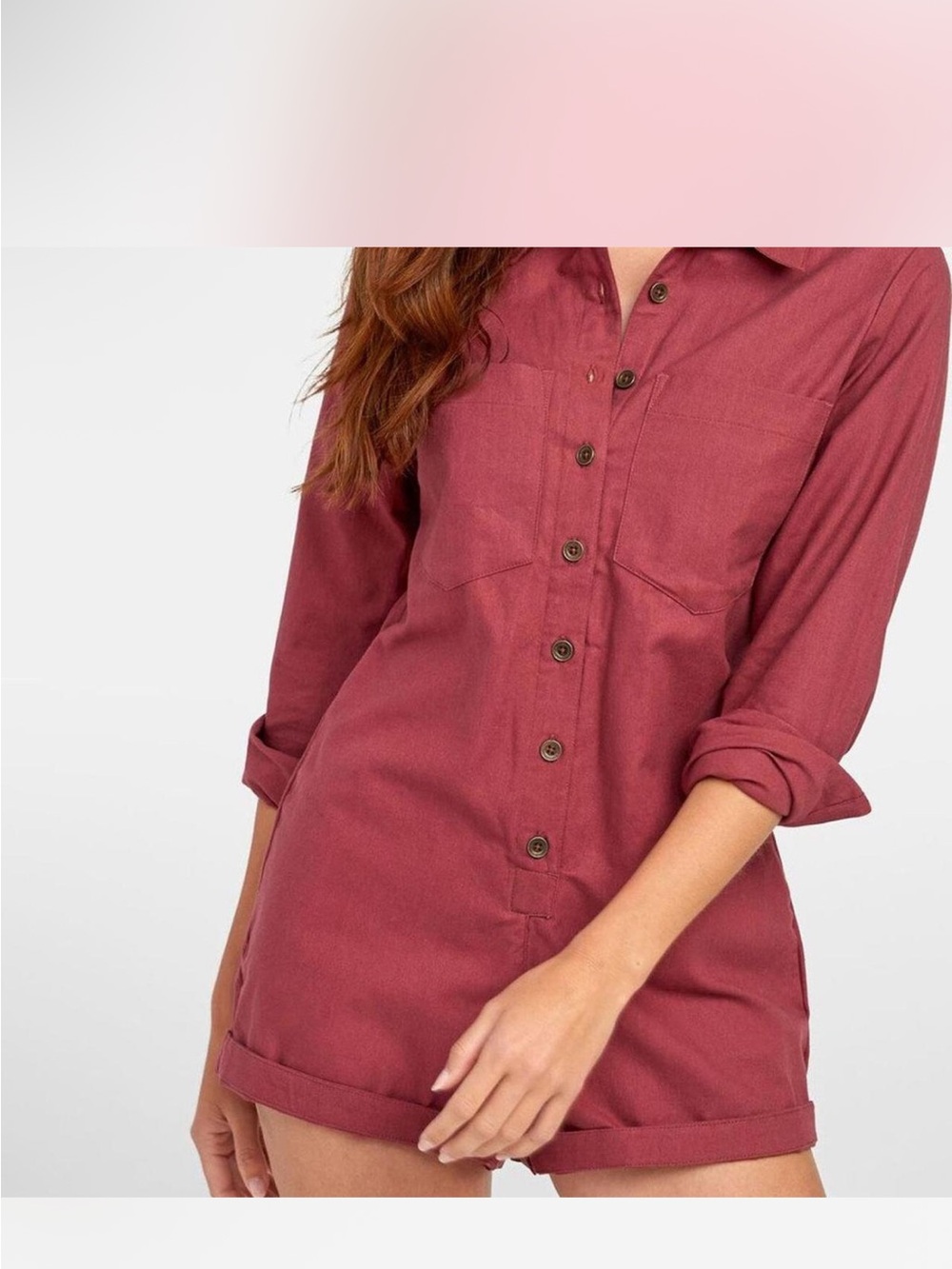 RVCA Long-Sleeve Button Romper in Dusty Rose